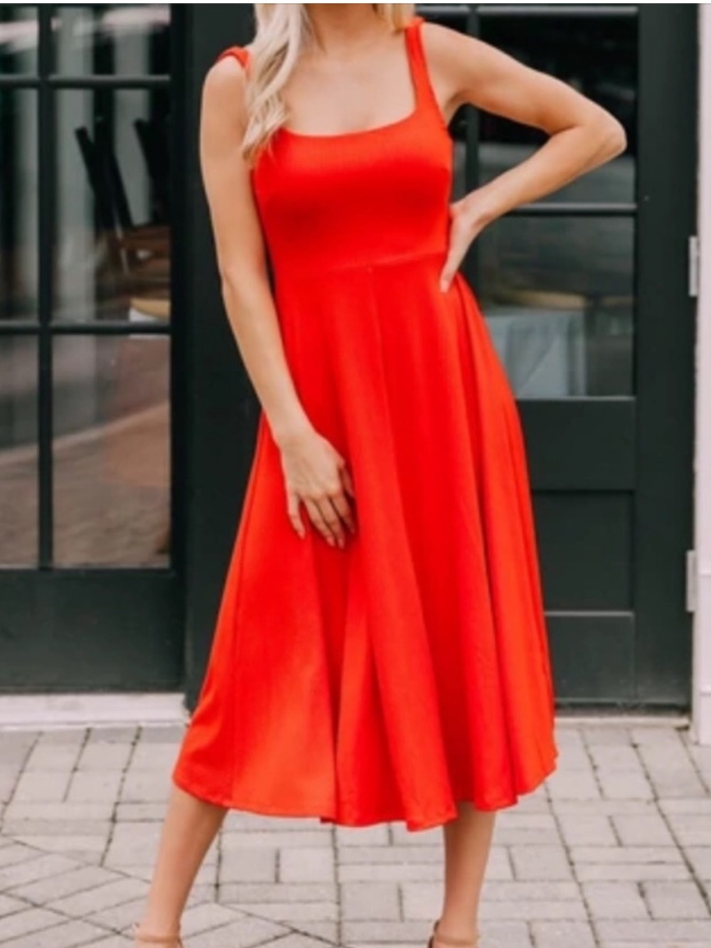 A New Day Red Scoop Neck Vallet Midi Dress